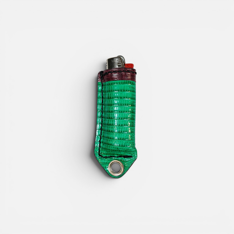 Étui à briquet en cuir de lézard vert fait main, MRLM