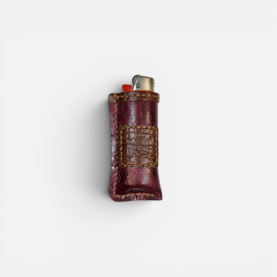 Étui à briquet en cuir de lézard marron fait main, MRLM